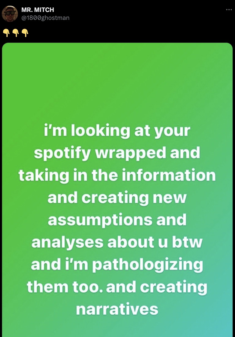 Mr. Mitch i'm looking at your spotify wrapped and taking in the information and creating new assumptions and analyses about u btw and i'm pathologizing them too. and creating narratives